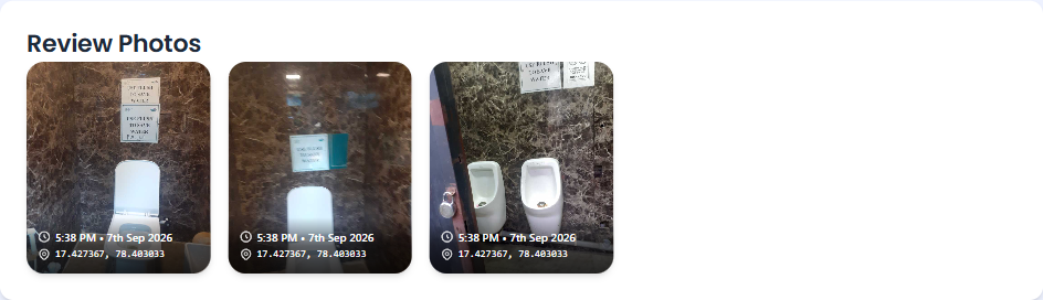 Actual submitted review · Toilet and urinal photographs with recorded time and location