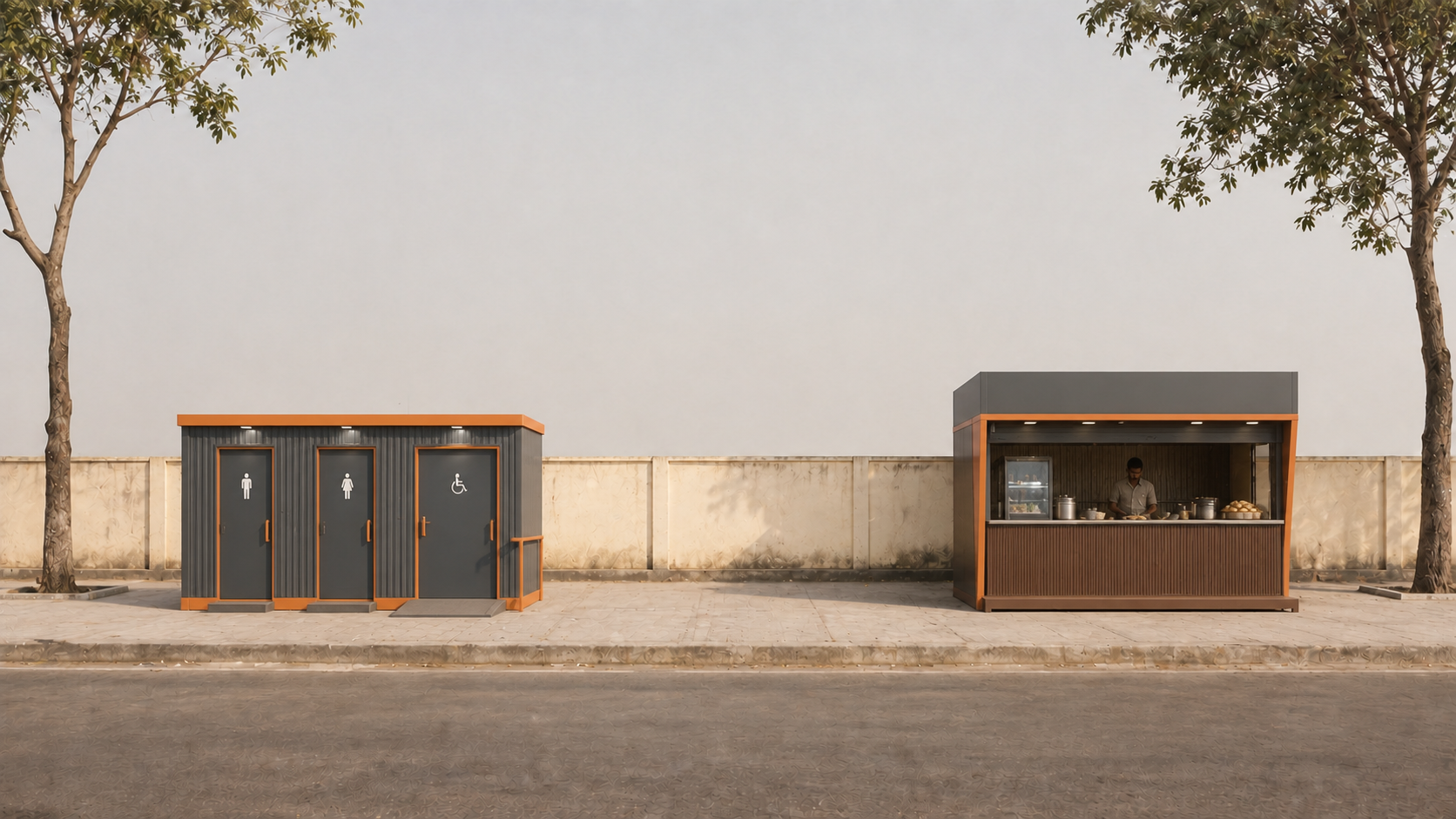 Illustrated improved public toilet and kiosk