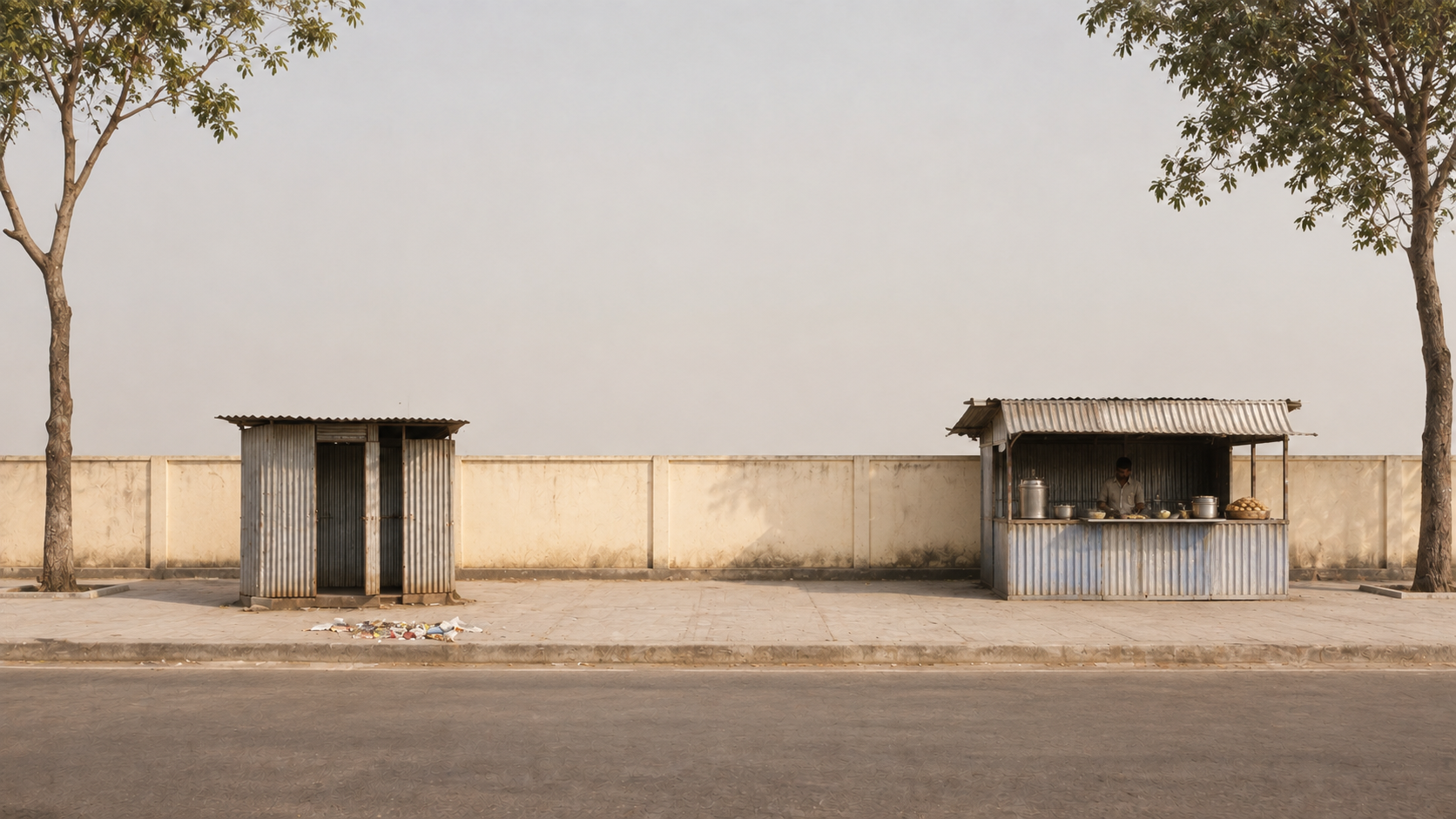 Illustrated street with a metal urinal and fixed food stall